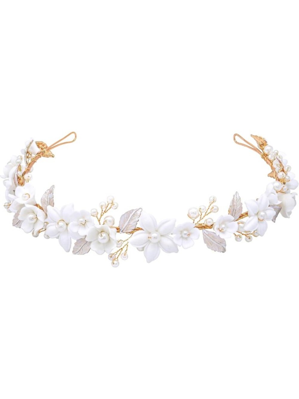 Bridal Wedding Headband with Ceramic Flowers & Pearls, Elegant Floral Hairpiece
